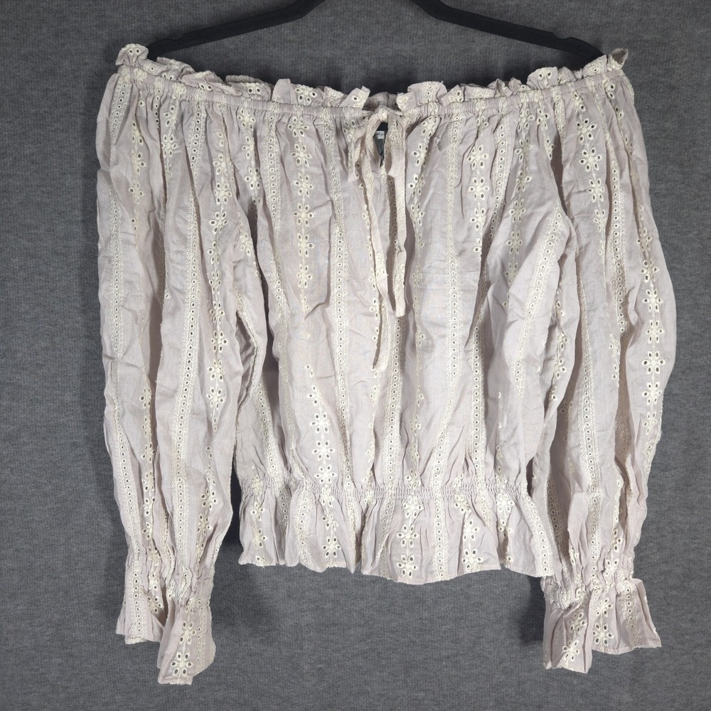Dress Forum S Off Shoulder Eyelet‎ Lace Blouse Pink Boho Peasant Long Sleeve NWT